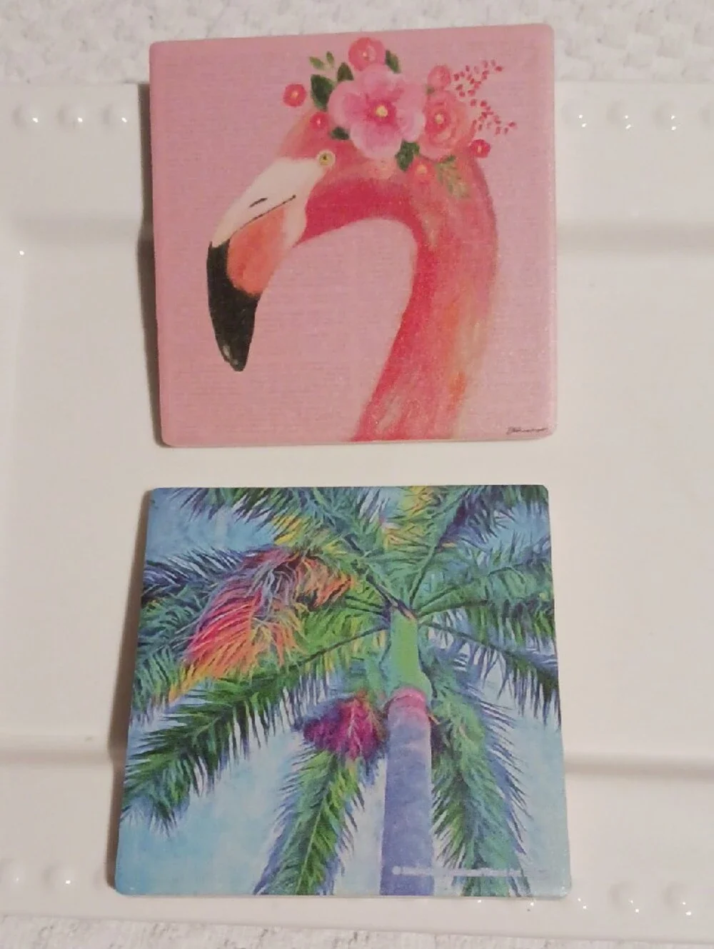 Gorgeous! Thirstystone🦩Pink Flamingo Palmtree🌴 Pineapple🍍 Tile Coaster Of 4